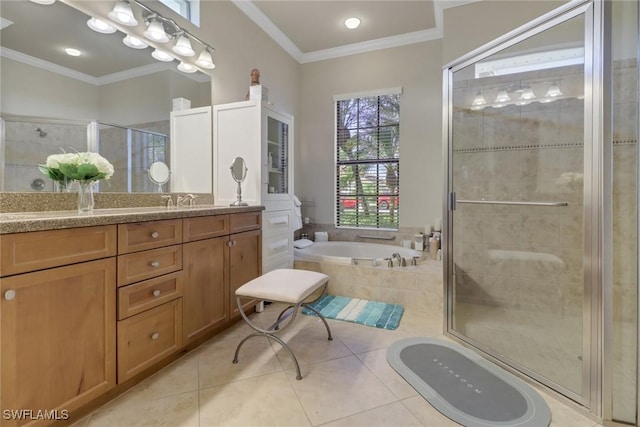 bathroom with separate shower and tub, vanity, tile patterned flooring, and ornamental molding