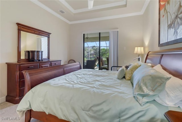 carpeted bedroom featuring ceiling fan, ornamental molding, access to outside, and a raised ceiling