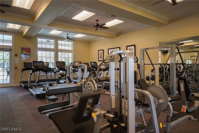 workout area featuring ceiling fan and ornamental molding