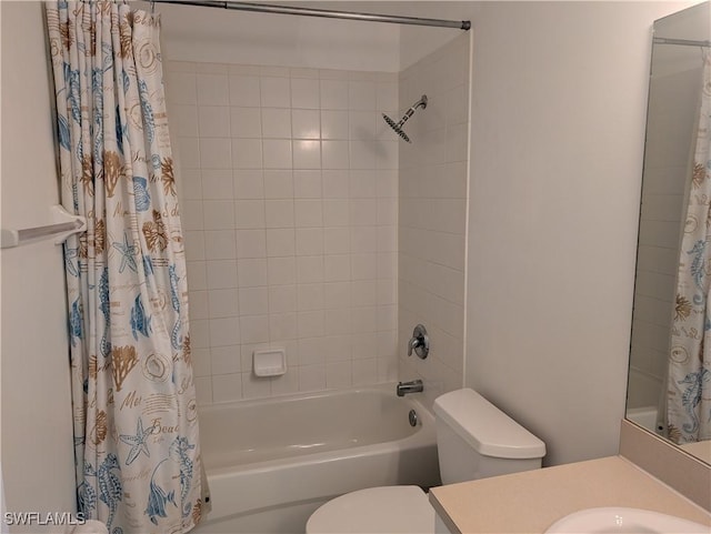 full bathroom with shower / bathtub combination with curtain, vanity, and toilet