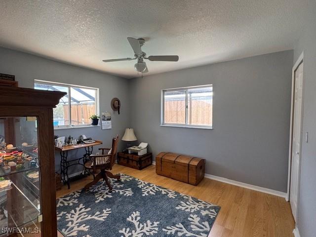 office area featuring hardwood / wood-style flooring, ceiling fan, a healthy amount of sunlight, and a textured ceiling