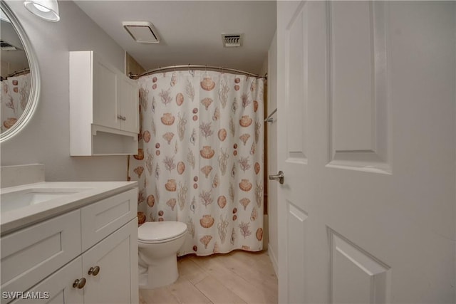 bathroom featuring vanity, wood-type flooring, and toilet