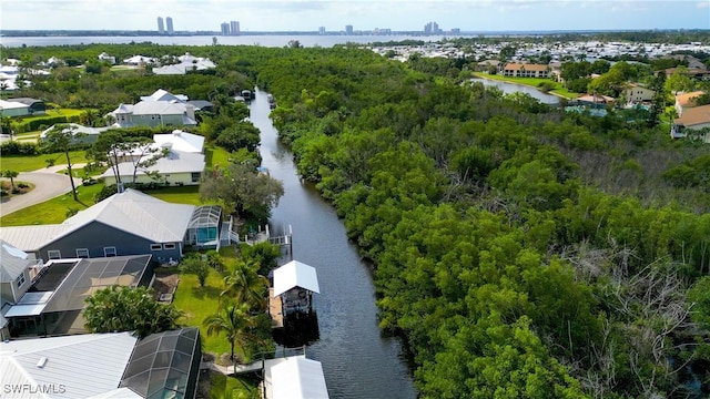 bird's eye view with a water view