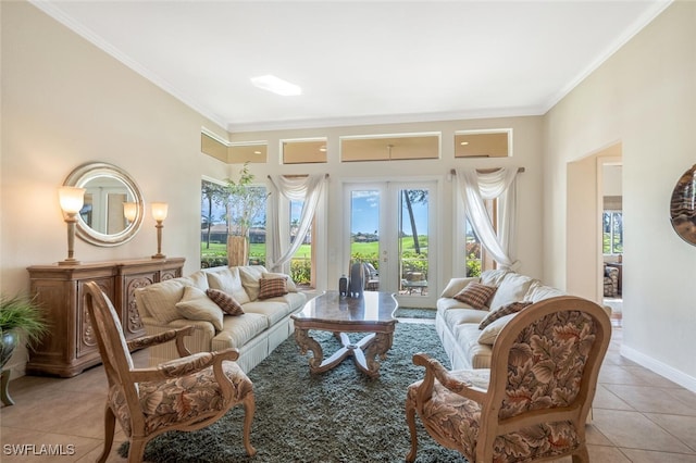 tiled living room with a wealth of natural light, ornamental molding, and french doors