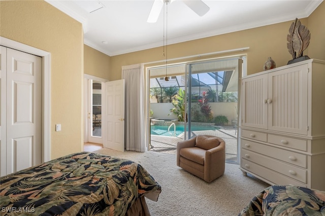 carpeted bedroom with access to exterior, ornamental molding, and ceiling fan