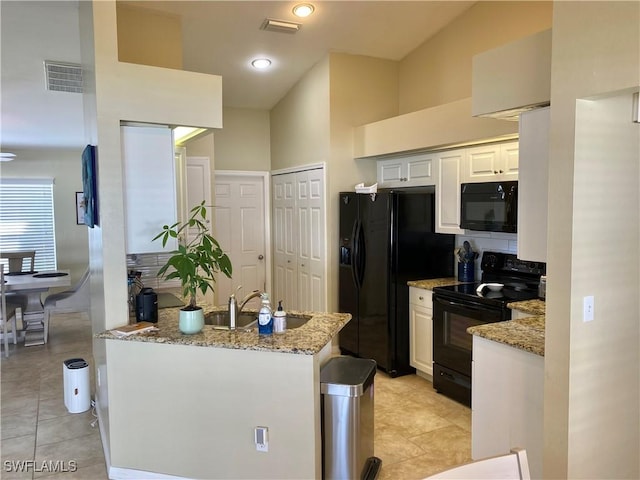 kitchen with white cabinetry, light stone countertops, sink, and black appliances