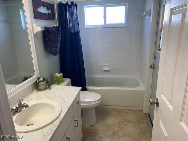 full bathroom featuring vanity, tile patterned flooring, shower / bath combination with curtain, and toilet