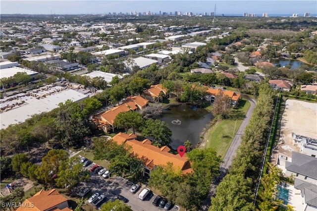 drone / aerial view featuring a water view