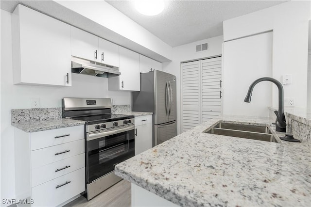 kitchen featuring sink, stainless steel appliances, light stone counters, a textured ceiling, and white cabinets