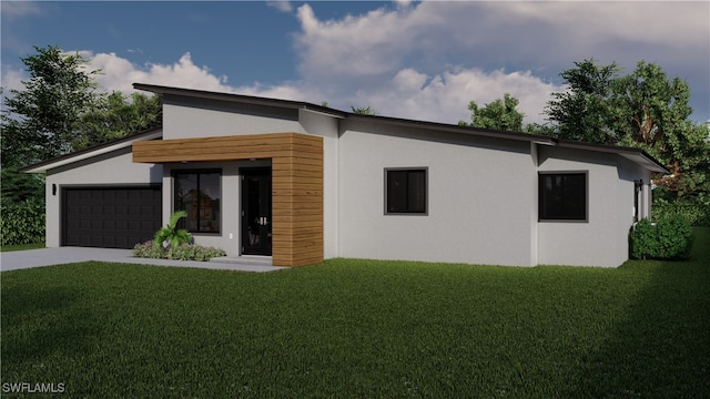 contemporary house featuring stucco siding, driveway, an attached garage, and a front yard