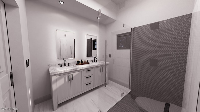 full bath with double vanity, tiled shower, marble finish floor, and a sink