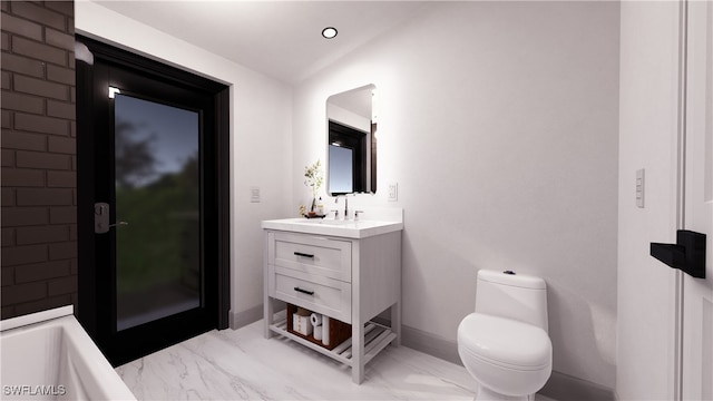 bathroom with toilet, marble finish floor, a bathing tub, baseboards, and vanity