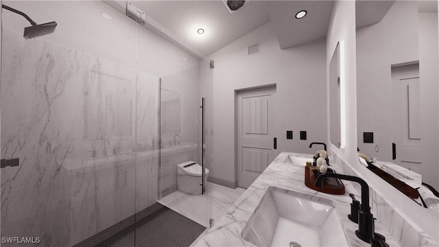 full bath featuring a marble finish shower, recessed lighting, marble finish floor, and a sink