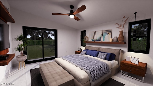 tiled bedroom featuring vaulted ceiling, access to outside, and a ceiling fan