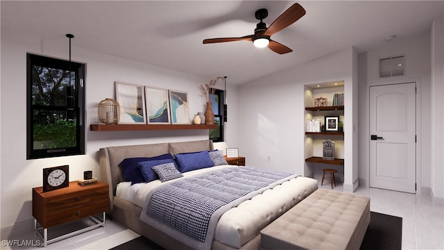 bedroom featuring light tile patterned flooring, a ceiling fan, and lofted ceiling