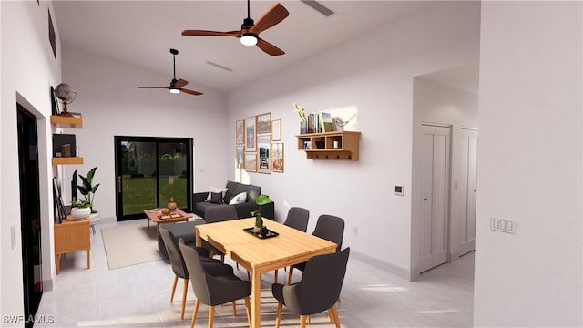 dining room featuring light tile patterned floors, visible vents, ceiling fan, and vaulted ceiling