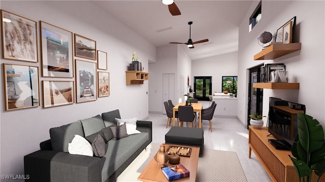 living area featuring lofted ceiling, a ceiling fan, and baseboards