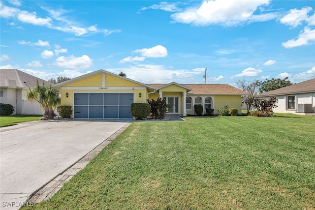 ranch-style home featuring a garage, a front yard, driveway, and stucco siding