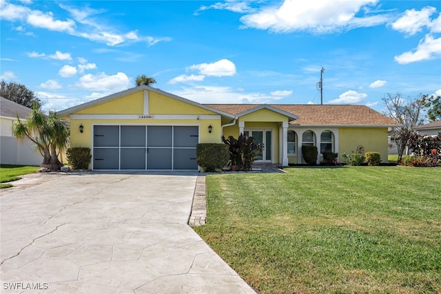 ranch-style house with concrete driveway, an attached garage, a front lawn, and stucco siding