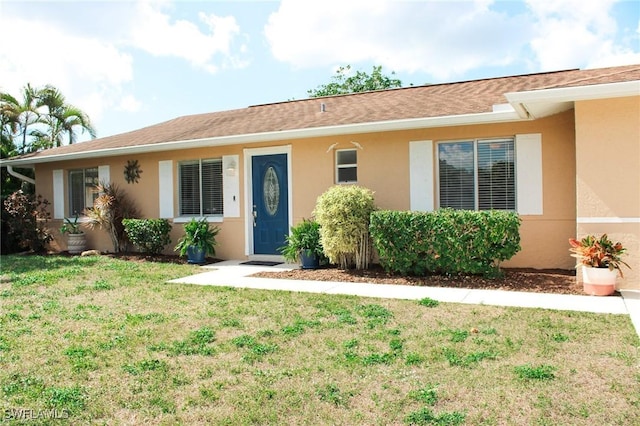 ranch-style home featuring a front lawn