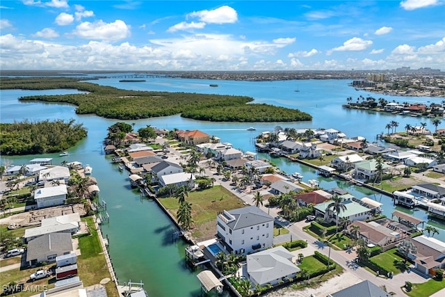 bird's eye view with a water view