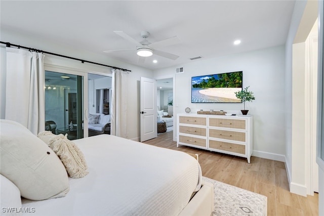 bedroom with ceiling fan, access to exterior, and light wood-type flooring