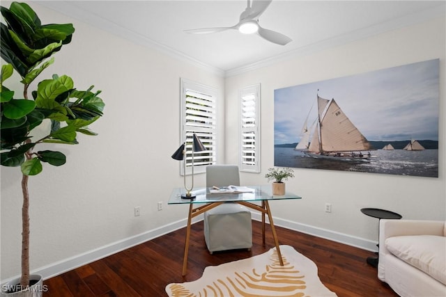 office space with ornamental molding, dark hardwood / wood-style floors, and ceiling fan