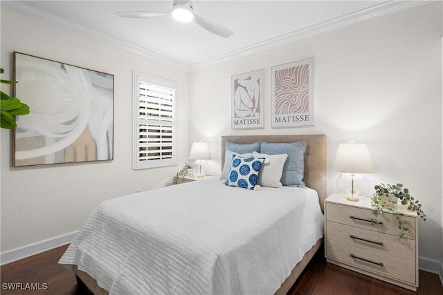 bedroom with ceiling fan, ornamental molding, and dark hardwood / wood-style floors