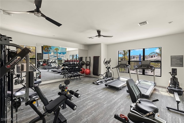 gym with ceiling fan and visible vents