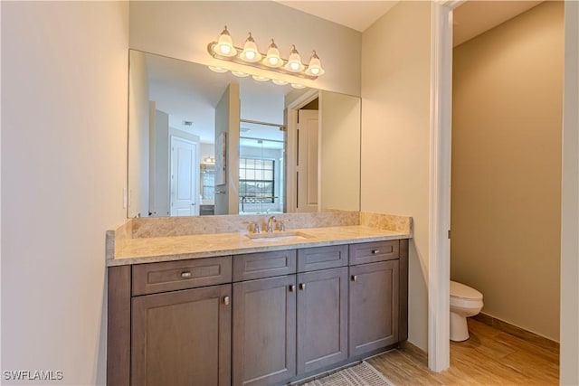 bathroom with vanity, toilet, and wood finished floors