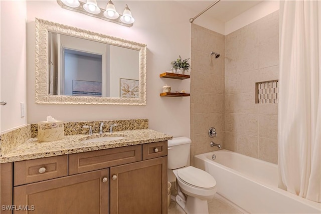 full bathroom featuring toilet, shower / bath combination with curtain, and vanity