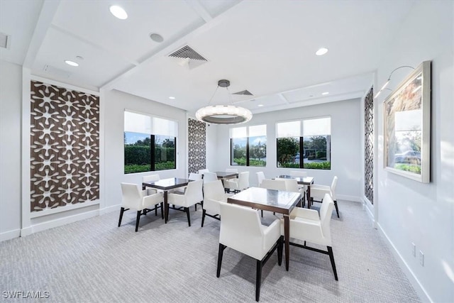 carpeted dining space featuring recessed lighting, visible vents, and baseboards