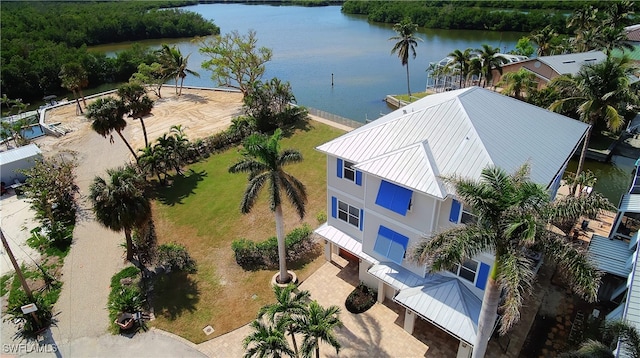 aerial view featuring a water view