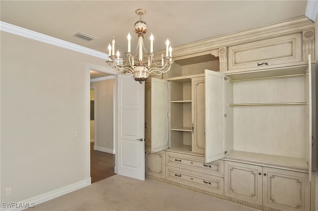 interior space with crown molding, light colored carpet, and a notable chandelier