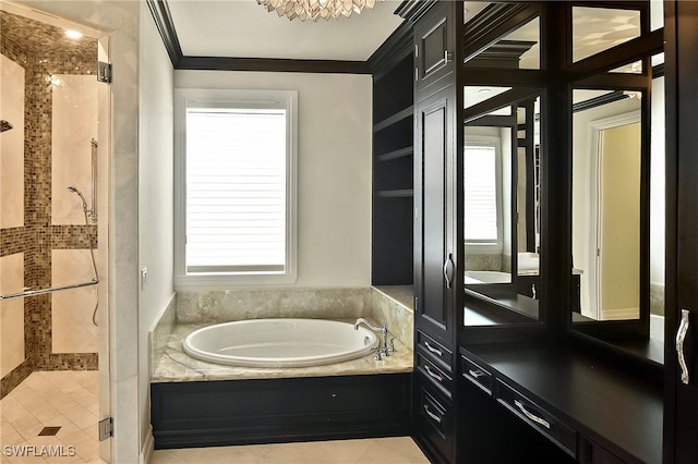 bathroom featuring tile patterned flooring, ornamental molding, and separate shower and tub