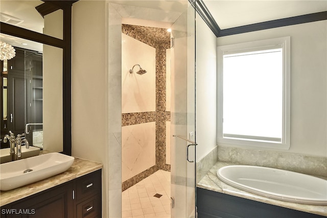 bathroom featuring vanity, ornamental molding, and plus walk in shower