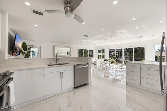 kitchen featuring white cabinetry, stainless steel appliances, sink, and plenty of natural light