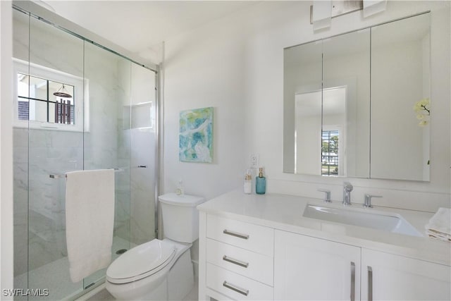 bathroom with vanity, toilet, a wealth of natural light, and a shower with shower door