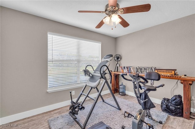 exercise room featuring light hardwood / wood-style flooring and ceiling fan