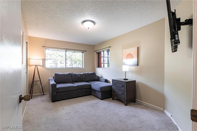 living room with light colored carpet and a textured ceiling