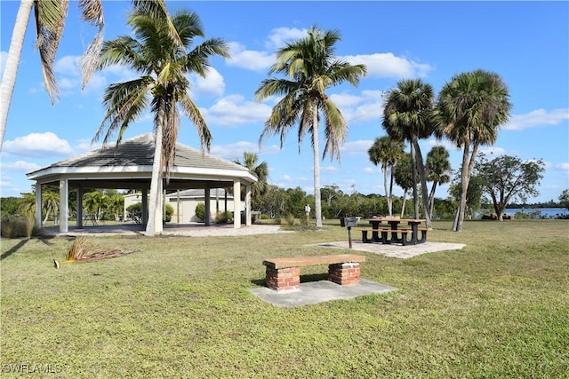 view of community featuring a gazebo and a lawn