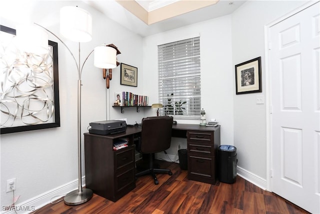 office space with dark wood-type flooring