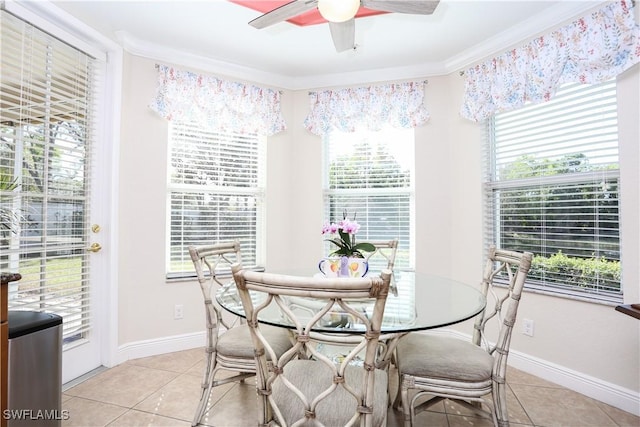 dining space featuring crown molding, plenty of natural light, and ceiling fan