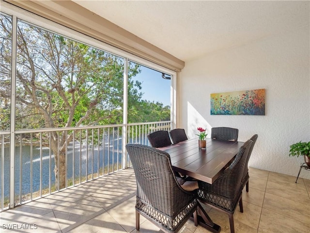 interior space featuring a water view