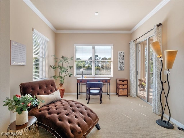 living area with crown molding, carpet flooring, and a wealth of natural light