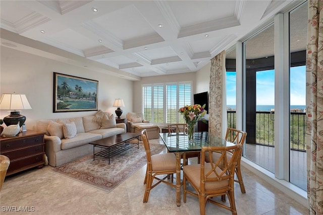 dining space featuring coffered ceiling, recessed lighting, beam ceiling, and ornamental molding