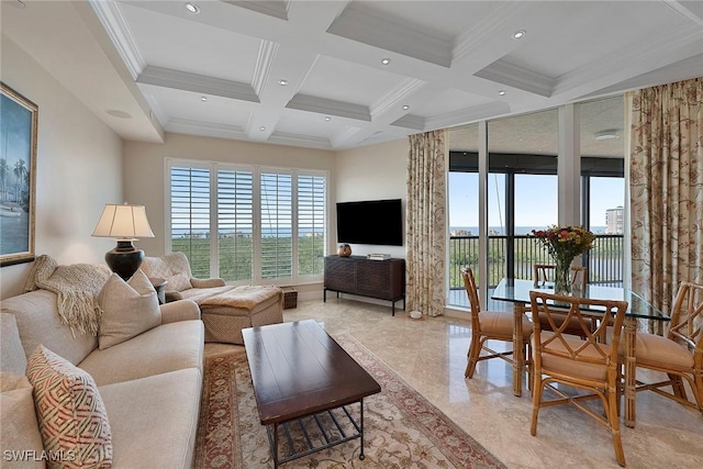 living area with a healthy amount of sunlight, coffered ceiling, crown molding, and beam ceiling