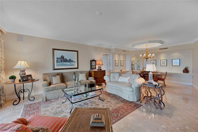 living room with an inviting chandelier, crown molding, baseboards, and visible vents