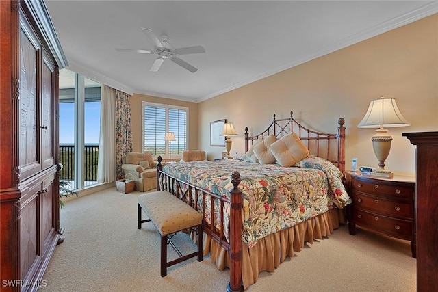 bedroom featuring light colored carpet, crown molding, ceiling fan, and access to outside