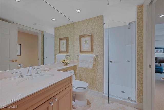 full bath with recessed lighting, toilet, wallpapered walls, a stall shower, and visible vents